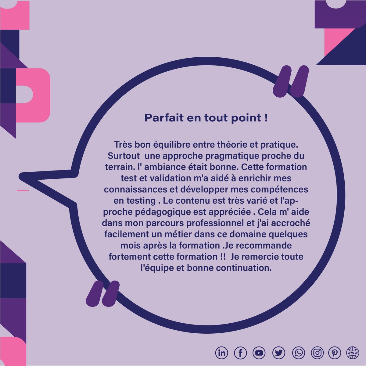 proservicetrai1's tweet image. Imen Fakhreddine a choisi de faire une #formation en #test_et_validation au sein de  notre #cabinet_de_formation.
Découvrez son expérience et comment elle a réussi à trouver facilement un emploi.
+216 58 985 608
🌐 Ou visitez notre site web proservices-training-company.com
#testing #test