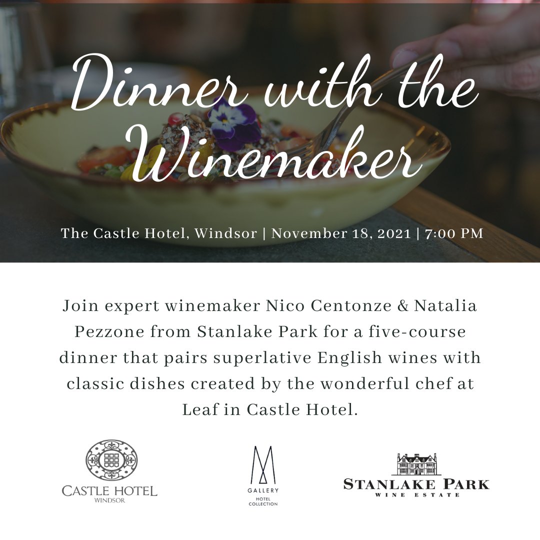 Join expert #winemaker Nico Centonze &amp; GM Natalia Pezzone from Stanlake Park for a five-course dinner that pairs superlative English wines with classic dishes created by the wonderful chef at Leaf at the Castle Hotel, #Windsor 🍾 Menu &amp; info castlehotelwindsor.yapsody.com/event/index/69…