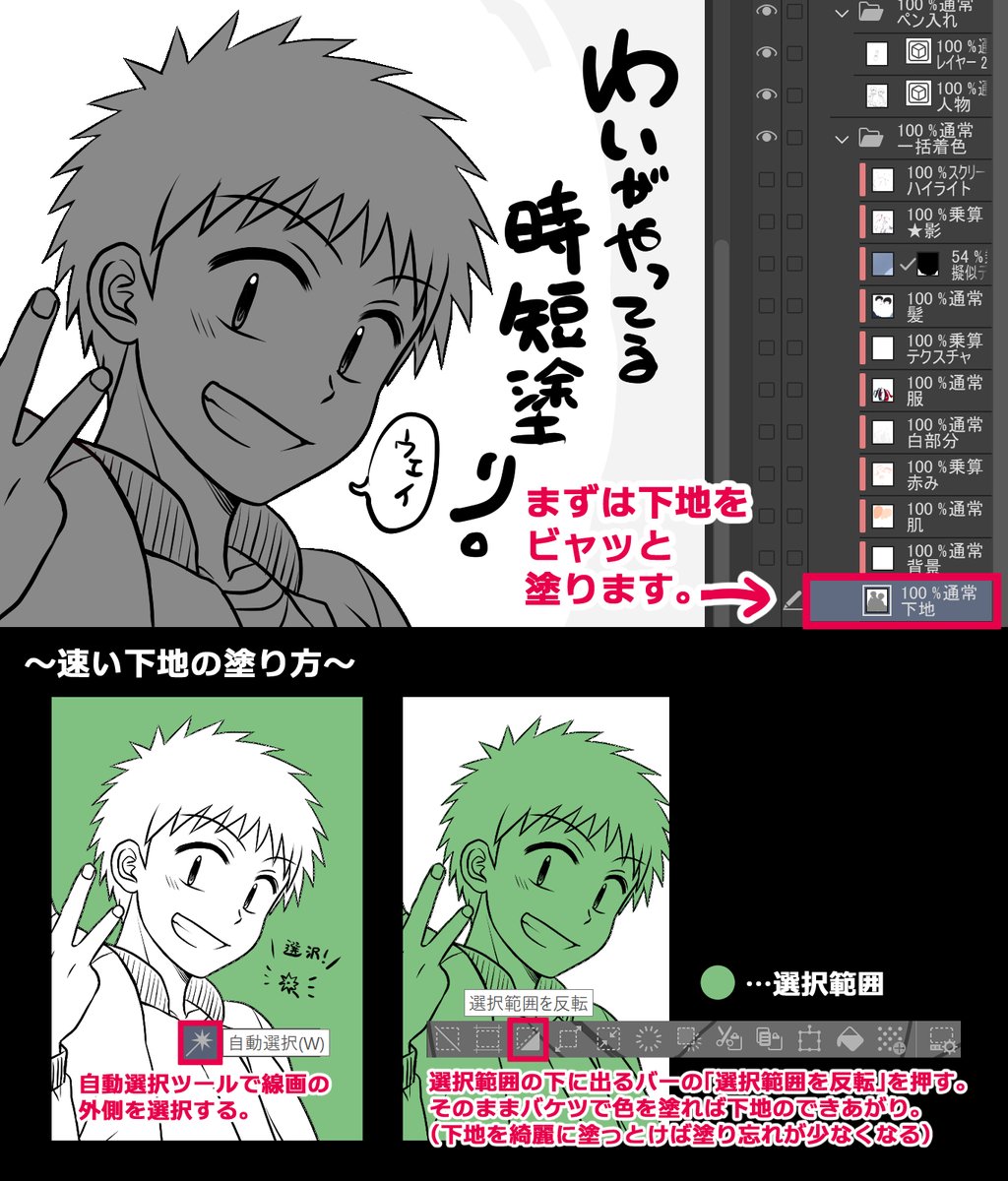 イチ 新刊dl販売中 على تويتر 色塗り時間かかってめんどくせえんだが って人に自分のやってる時短塗り を紹介するぜ これにしてから大分色塗り速くなりました 使用ソフト クリスタ ある程度描き慣れてる人向けかも