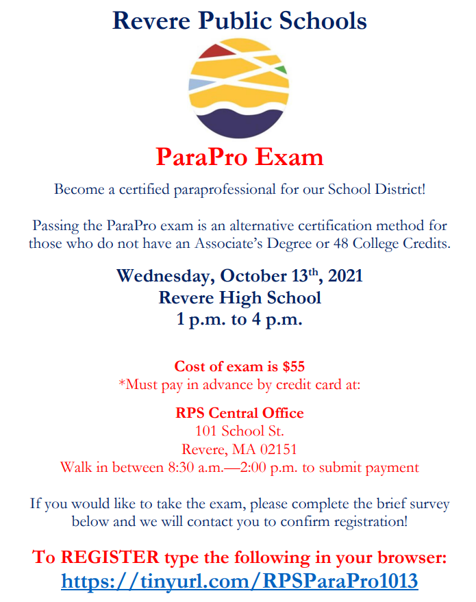 RevereAsstSuper's tweet photo. If you are interested in becoming a paraprofessional and taking the ParaPro exam, please check out the flier below.  We only have 30 seats available and those that register and pay will be prioritized. https://t.co/HAarA35DNV