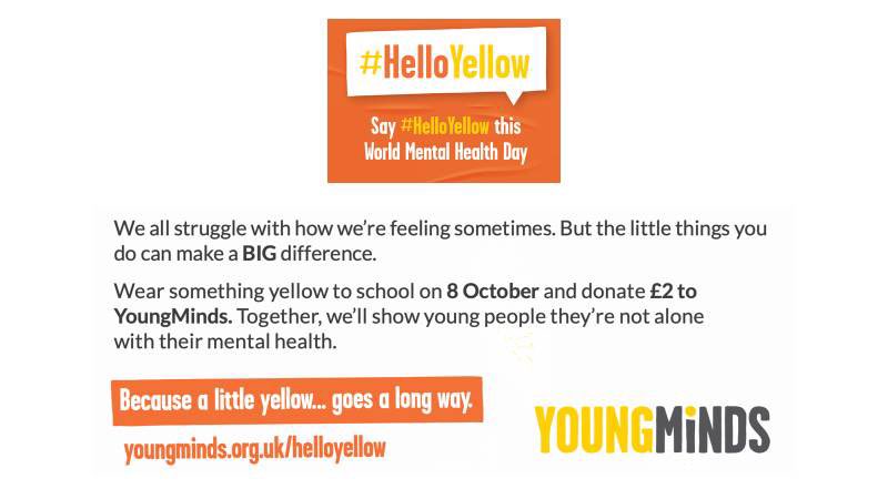 Don’t forget to wear yellow tomorrow! Talking about mental health is so important, we need to look after ourselves and our community and this is a great place to start! #helloYellow <a href="/verulamschool/">Verulam School</a> #verulamforlife