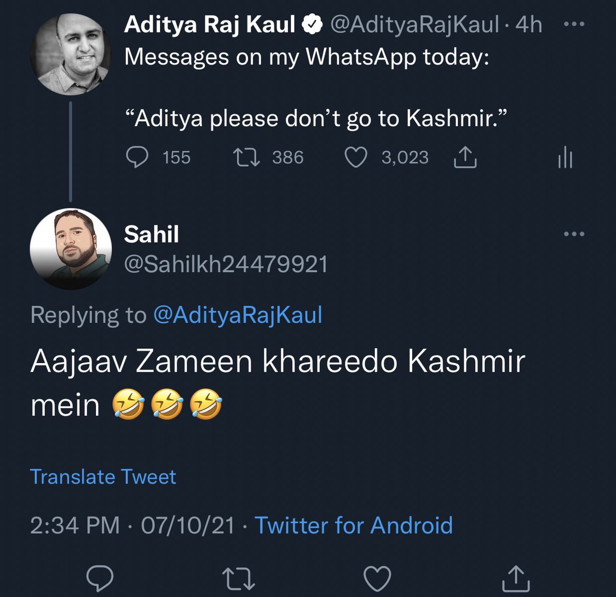 AdityaRajKaul's tweet photo. Cowards don’t scare us. This local from Kashmir is mocking the killing of Kashmiri Hindus and Sikhs and their rehabilitation attempt. Not only will I buy land there but so will a Gujarati, Bihari, Malayali, Bengali. Come stop us, coward! https://t.co/8LS2jiFDAc