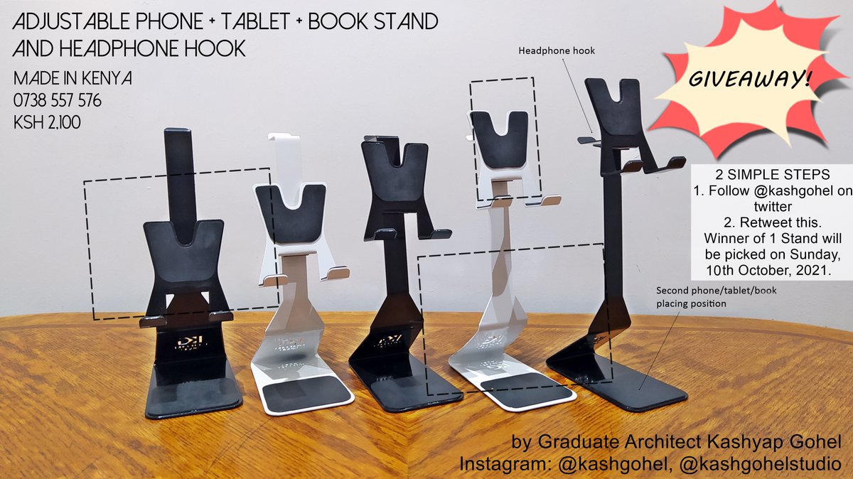 kashgohel's tweet image. To appreciate you, I want to give away any 1 of these Adjustable Phone/Tablet/Book+Headphone stands to a lucky winner. To participate simply give me a follow on Twitter &amp;amp; Retweet this tweet. Winner will be picked this Sunday (10th Oct). Thank you! 🙂 #madeinkenya #giveaway