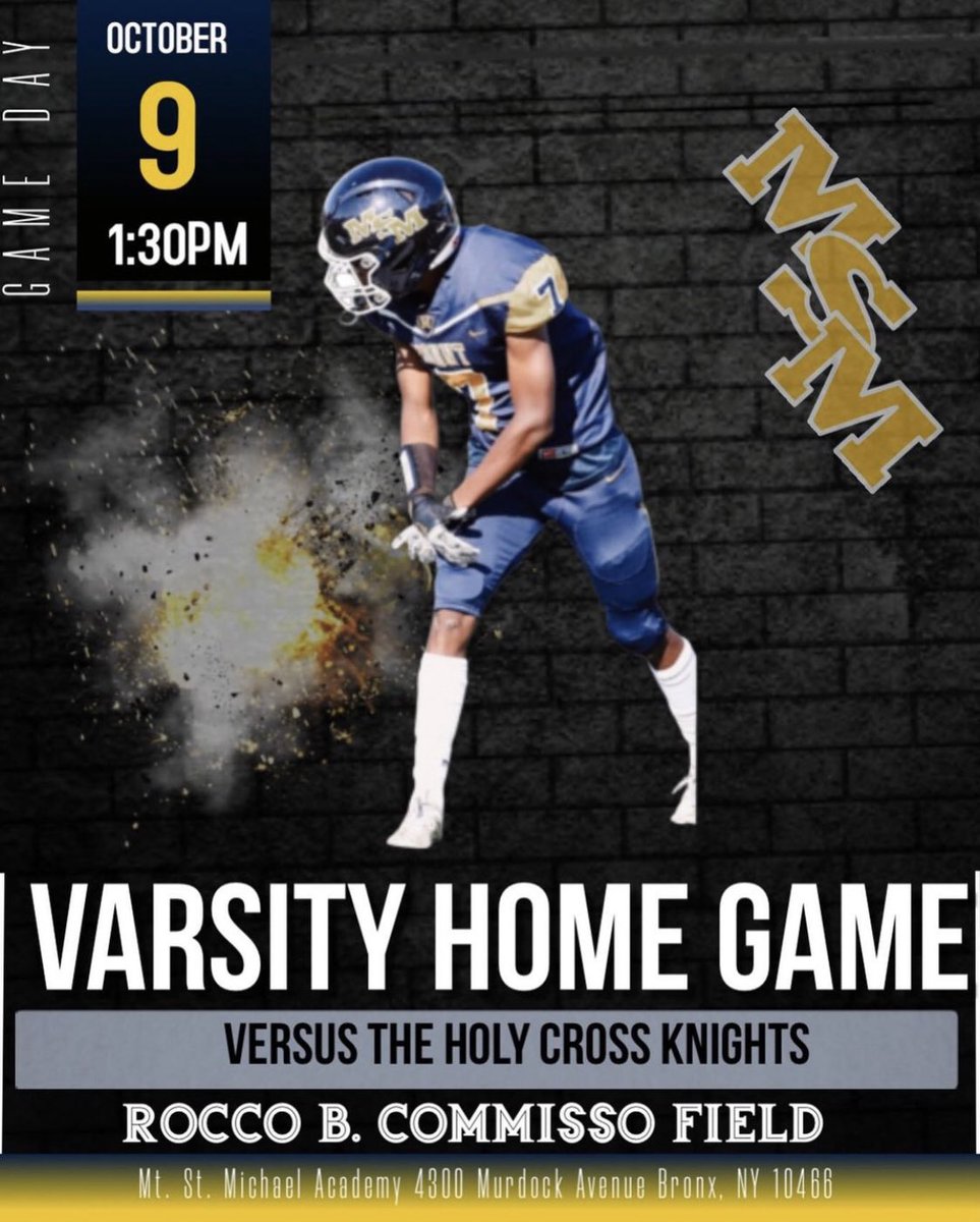 MountToday's tweet photo. @msmfootball Varsity is back at home to take on Holy Cross this Saturday! Come out and support our guys. Our JV team will go up against New Canaan at home—9:30am kickoff. #LetsGoMount Don’t forget your #MountGear🟦🟨 https://t.co/6LDNrLDIRv
