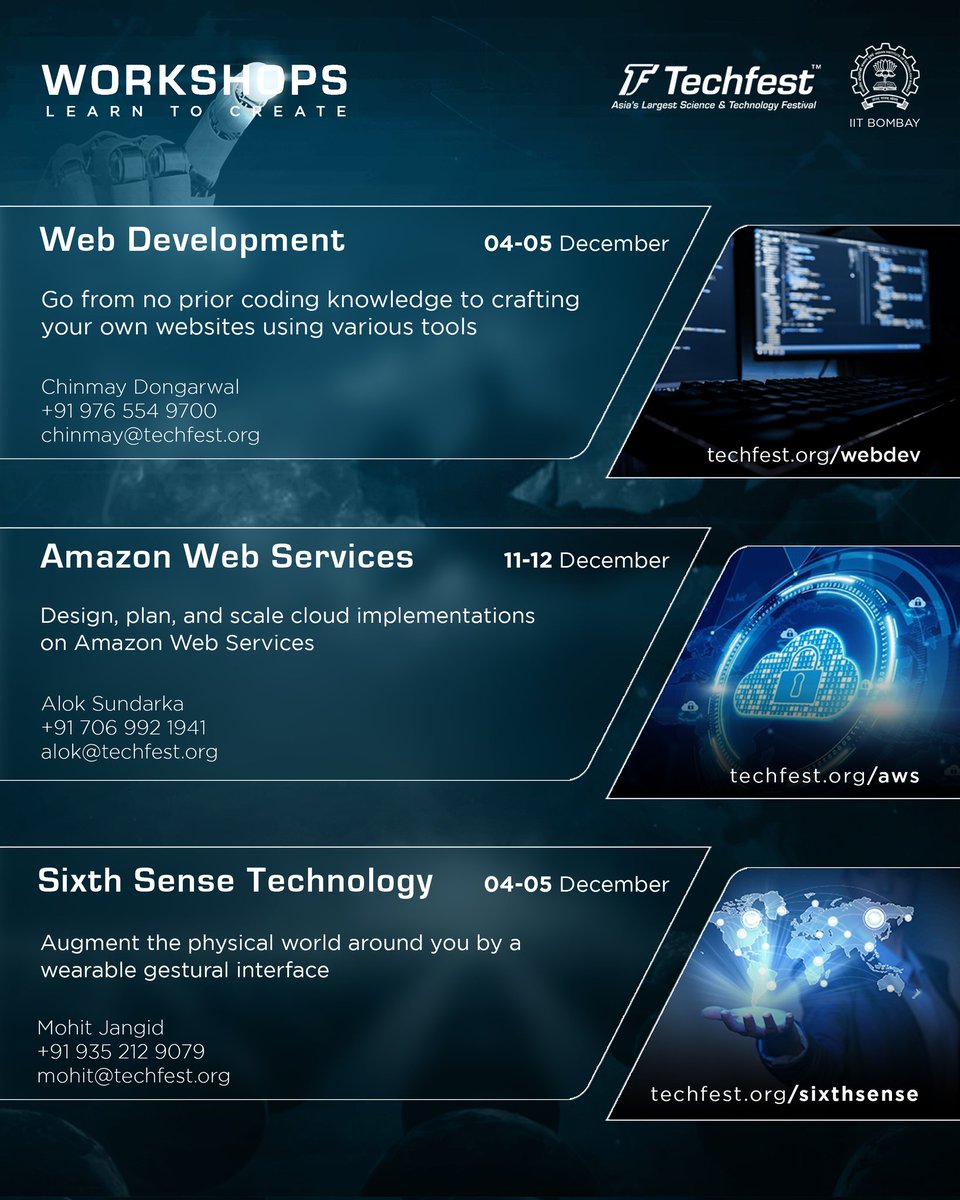Techfest_IITB's tweet image. 𝗧𝗲𝗰𝗵𝗳𝗲𝘀𝘁&apos;𝘀 𝗪𝗼𝗿𝗸𝘀𝗵𝗼𝗽𝘀 are here! #LearnToCreate
Register today!
Web Development: techfest.org/webdev
Amazon Web Services: techfest.org/aws
Sixth Sense #technology: techfest.org/sixthsense
#Website #webdev #AWS #Amazon #SixthSense #tech #Coding #code
