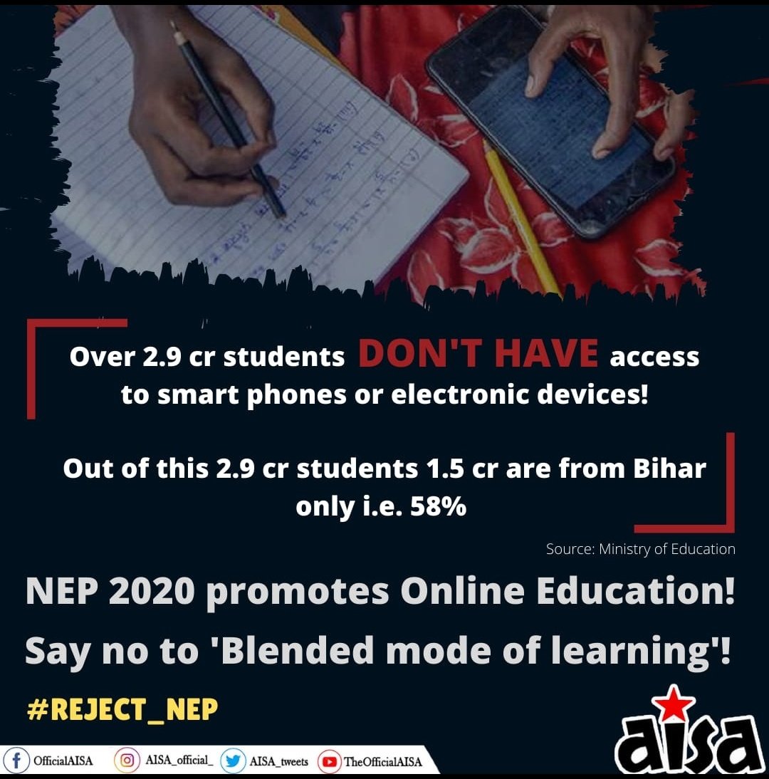 Over 2.9 cr students *DON'T HAVE* have access to smart phones or electronic devices!

Out of this 2.9 cr students 1.5 cr are from Bihar only i.e. 58% 

NEP 2020 promotes Online Education! 

Say no to 'Blended mode of learning'!

#REJECT_NEP

Source: Ministry of Education