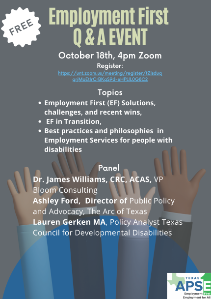 <a href="/untwise/">UNT WISE</a> and <a href="/TXAPSE/">Texas APSE</a> have partnered to put on a Q&amp;A panel in recognition of National Disability Employment Awareness Month. 
By attending this event you are eligible for FREE CEUs through UNT WISE!
Register here -&gt; tinyurl.com/vmxkvbx6