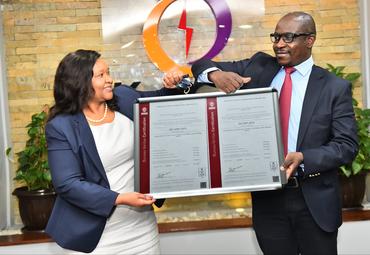 KenGenKenya's tweet photo. "Recertification of KenGen was conducted smoothly. I commend the KenGen team for their dedication and cooperation throughout the process." @bureauveritas District Executive Officer for Eastern Africa, Mr. @KabbisCyprian. #KenGenISO ^EM https://t.co/YHNmAqINso