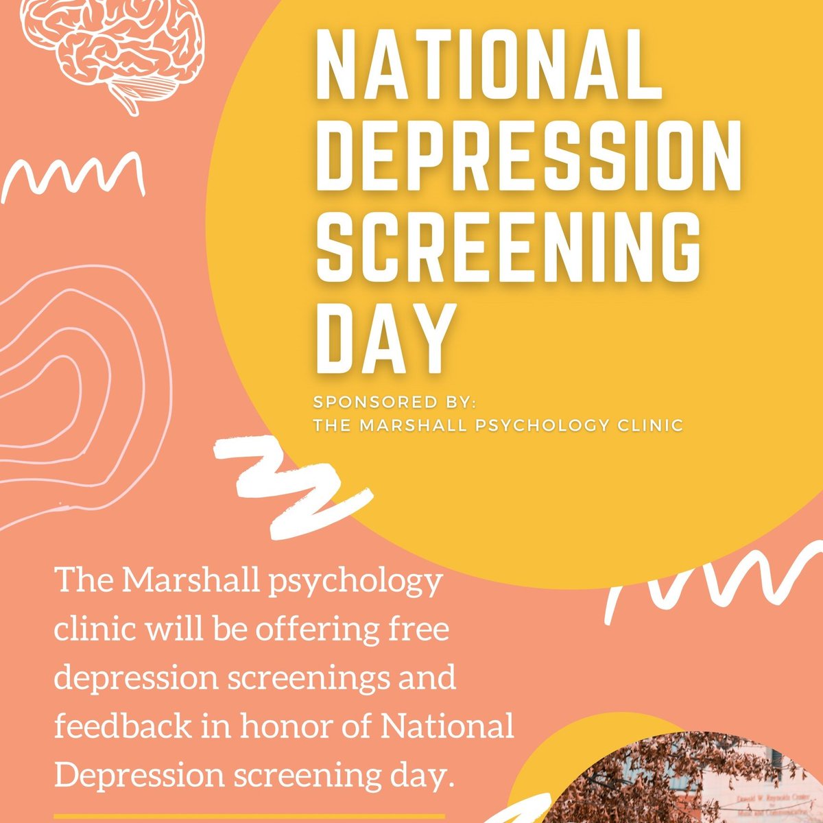 Marshallpsych's tweet photo. If you feel like you might benefit from a FREE depression screening, stop by the MU Psychology Clinic (Harris Hall 449) TODAY from 9am-6pm. No appointment needed. @mu_psichi @marshallu @COLA_MarshallU https://t.co/bmaglQCoaJ