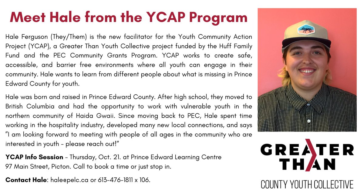 We are excited to introduce Hale!  They have so much to offer the community!  Please say hello and see how you, your agency, or County youth can work with Hale!
#pecyouth #countyyouth #ycap #youthcommunityactionproject