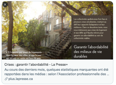 VivreenVille's tweet photo. Garantir l'abordabilité des milieux de vie durables: @AdamMongrain et @C_Savard proposent des solutions! « Si la tâche paraît titanesque, elle n’a pourtant d’égale que l’urgence d’agir. » #RVCV21 #Stratnat_UAT #parlonsterritoire 🔗https://t.co/GOvPeqof43 https://t.co/i71HwXeZlQ