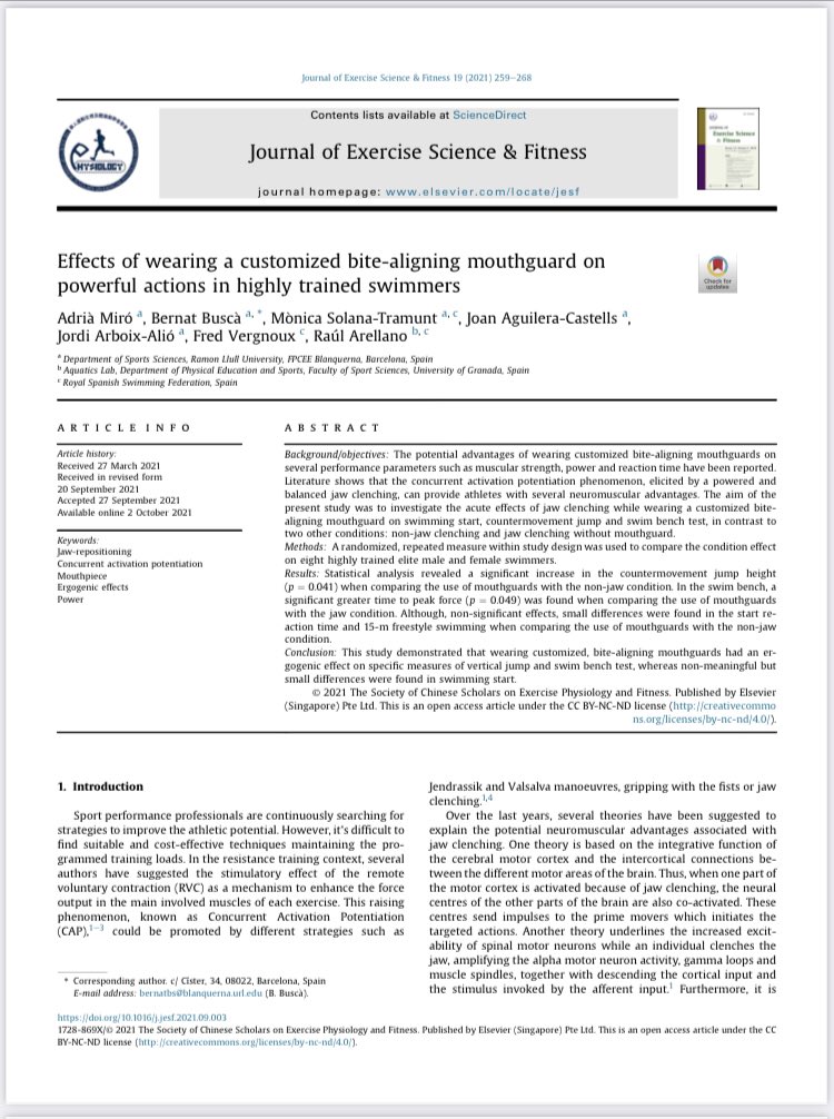 📑So happy to see our last paper published in #JESF <a href="/Elsevier/">Elsevier</a>

Effects of wearing a customized bite-aligning MG on powerful actions in highly trained swimmers.

Many thanks to
<a href="/BernatBusca72/">Bernat Buscà</a> <a href="/MonicaSolana_T/">Monica Solana Tramunt</a> <a href="/joan_agui/">Joan Aguilera, PhD</a> <a href="/jordi7totti/">Jordi Arboix</a> <a href="/FredVergnoux/">Fred Vergnoux</a> <a href="/R_Arellano_C/">Raúl Arellano</a> <a href="/BlanquernaFPCEE/">Blanquerna FPCEE</a>