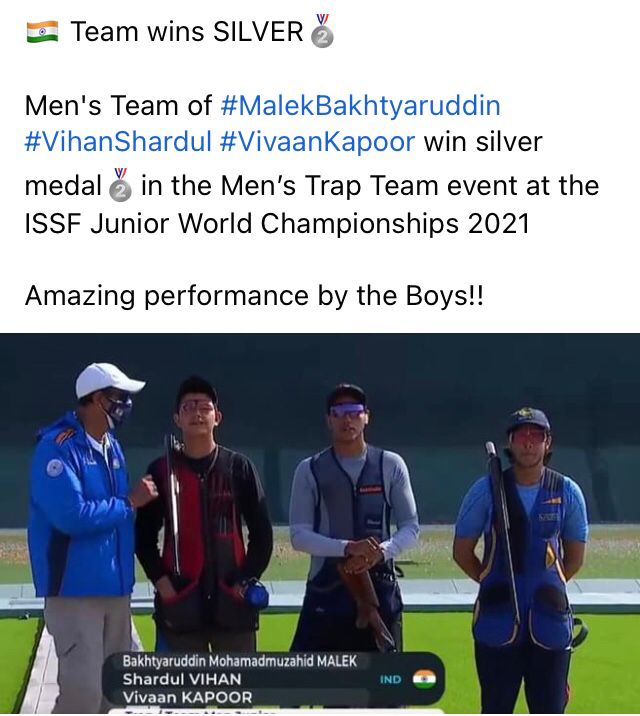 Vivaan Kapoor of Rajasthan along with Malek and Vihan win Men's Trap Team Silver  at <a href="/ISSF/">ISSF</a> Peru World Championship. Way to go Boys!!!#RajasthanShooting #VivaanKapoor #TeamIndia #Trapshooting <a href="/TheNrai/">NRAI</a> <a href="/AshokChandnaINC/">Ashok Chandna</a>. <a href="/1stIndiaNews/">First India News</a> <a href="/indianshooting/">indianshooting.com</a> <a href="/IndiaSports/">Dept of Sports MYAS</a> <a href="/Media_SAI/">SAI Media</a>