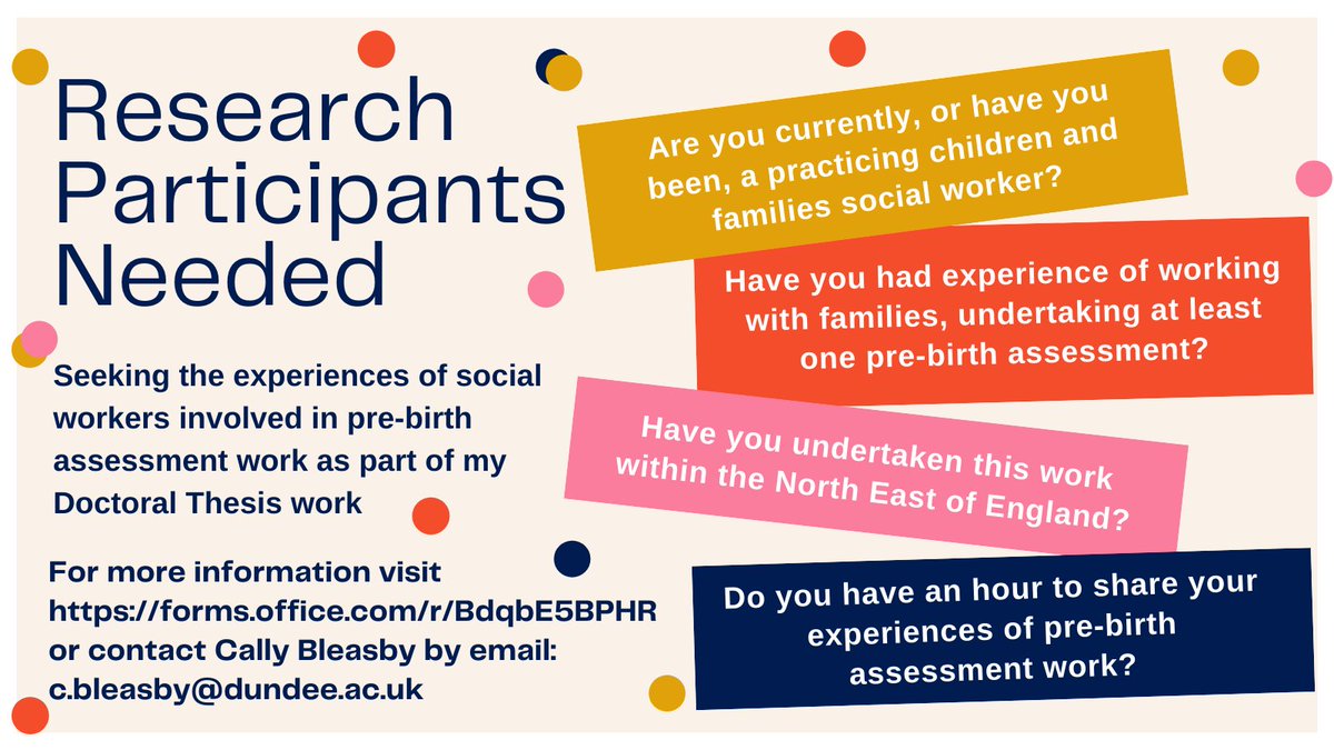 I am still looking to recruit a few more social workers to take part in my Doctoral research. If you, or anyone you know might be interested in taking part, there is a very short form to complete to register your interest here: forms.office.com/r/BdqbE5BPHR or you can send me an email.