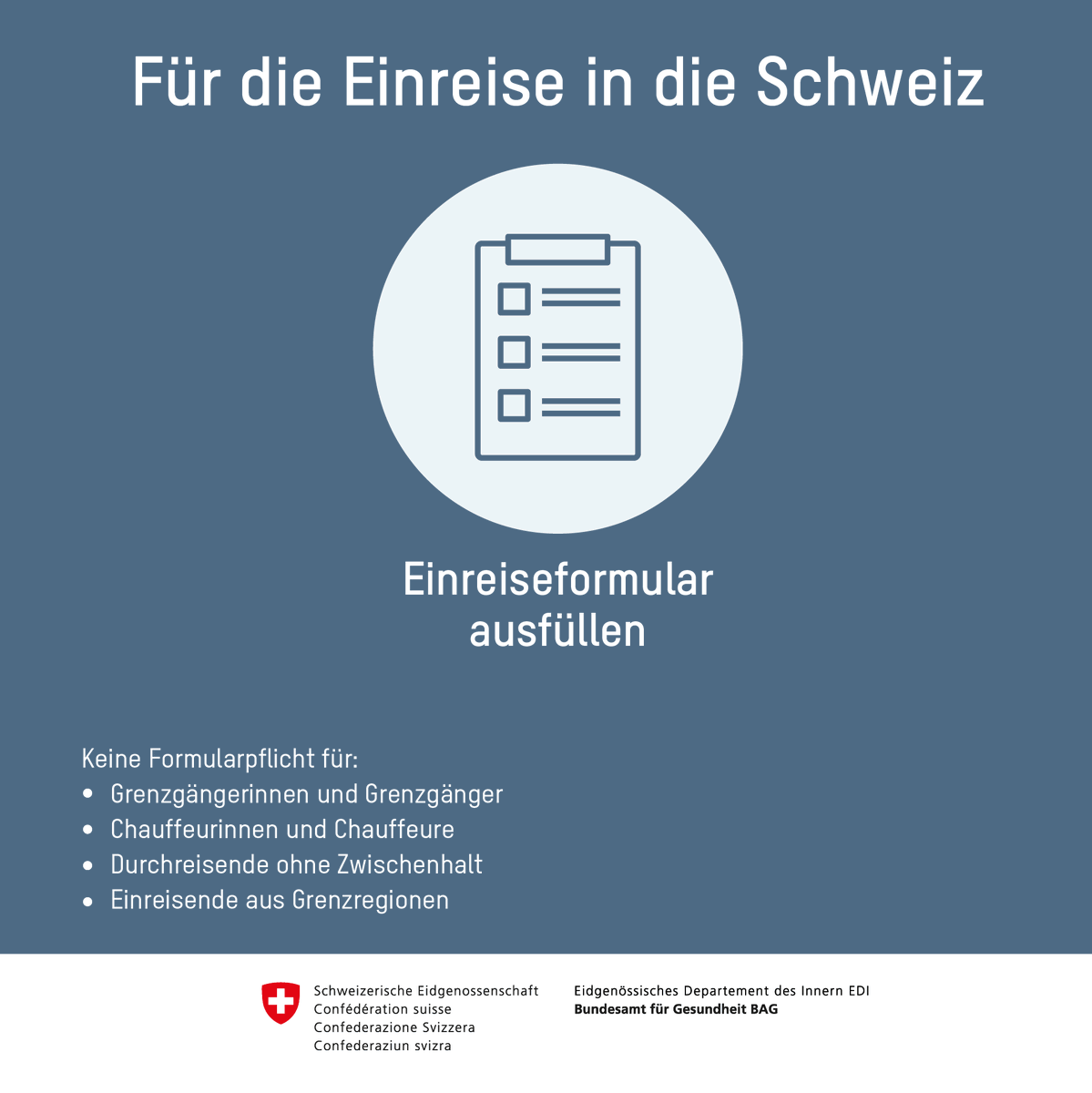 BAG_OFSP_UFSP's tweet photo. Für die Einreise in die Schweiz brauchen alle Einreisenden ein Einreiseformular. Dieses kann frühestens 48h vor der Reise online oder als Papierversion ausgefüllt werden. Alle Infos: https://t.co/CnO9Z6h9hc https://t.co/IQTwr0yRGV