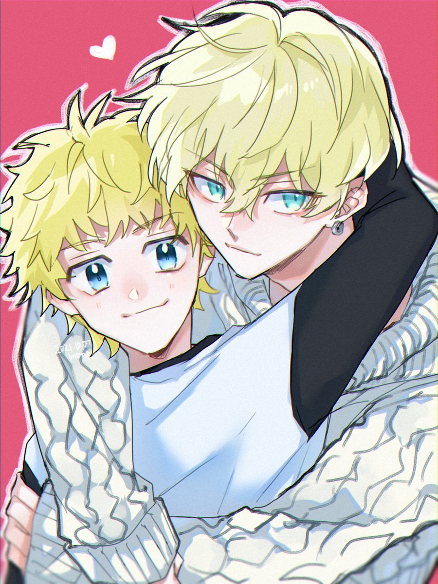 multiple boys blonde hair 2boys blue eyes male focus hug earrings  illustration images