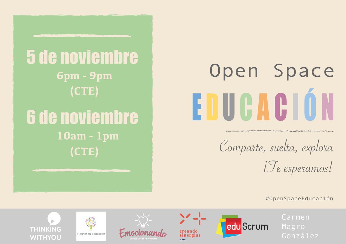 🚀 ¡Por fin ha llegado el momento del #OpenSpaceEducación, un encuentro de personas conectadas por la Educación!
🗓️ Comparte y explora los días 5 y 6 de noviembre.
👉 Regístrate aquí: lnkd.in/dwbcwHNK #OpenSpaceEducación