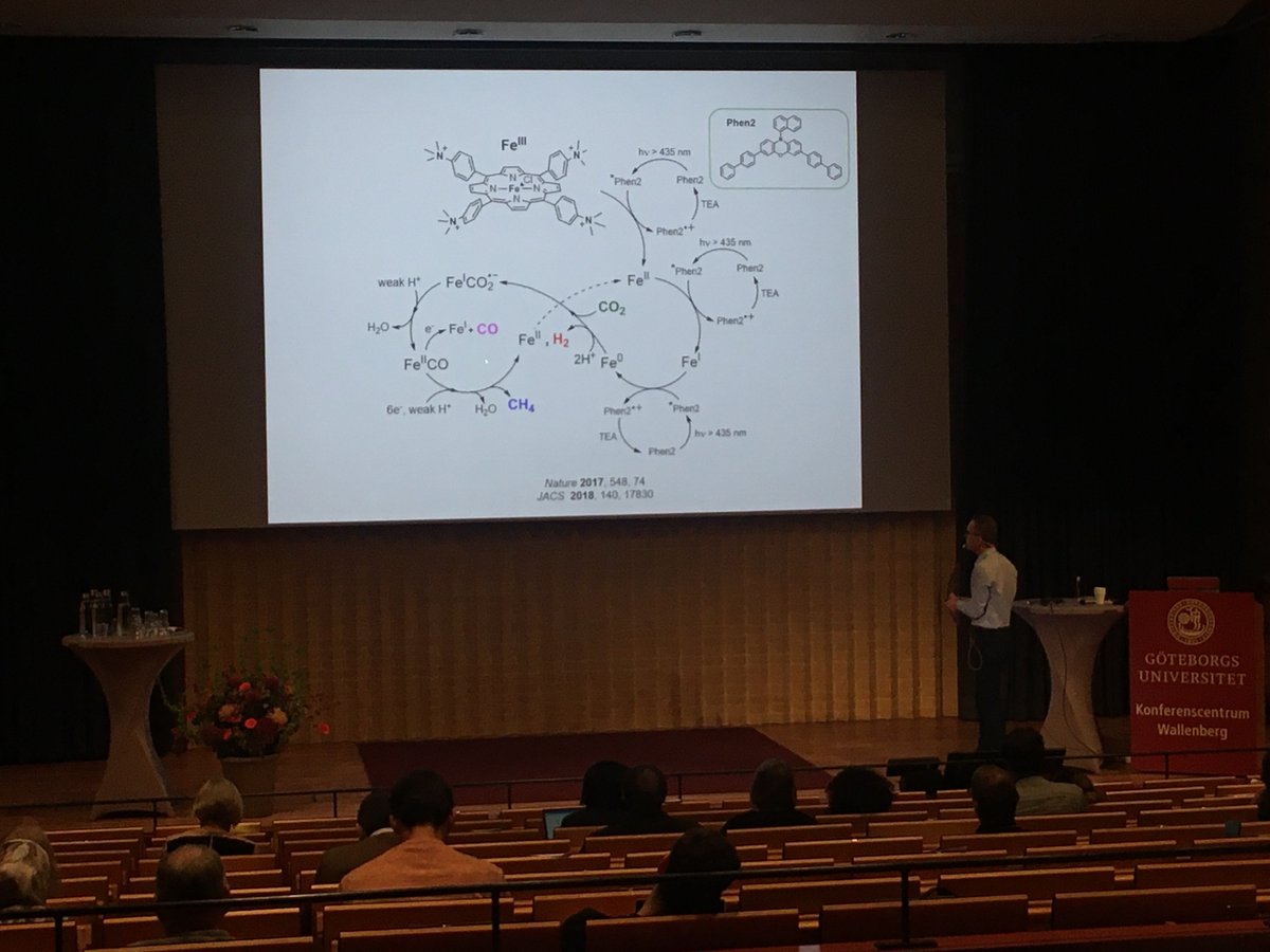 AlizeeMalnoe's tweet photo. An inorganic chemist version of a photosynthetic scheme 😉 Methane from CO2 with no living organisms! Who needs photosynthesis 🤭🙈 Marc Robert from @Univ_Paris #NPC15 @photocongress https://t.co/4ZrOMo2Rpf