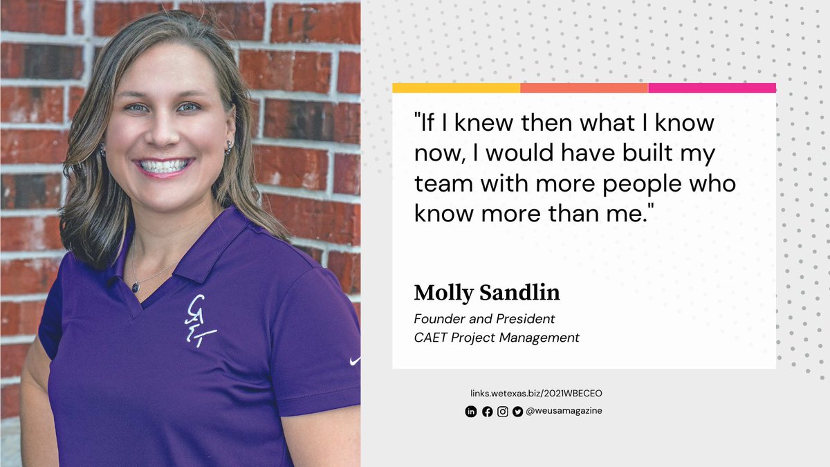 WEUSAMagazine's tweet image. Here's Molly Sandlin's excellent advice on surrounding yourself with knowledgeable employees.  What advice would you give your past self?

#WBE #womeninbusiness #entrepreneur #thursdaythoughts

links.wetexas.biz/2021WBECEOs
