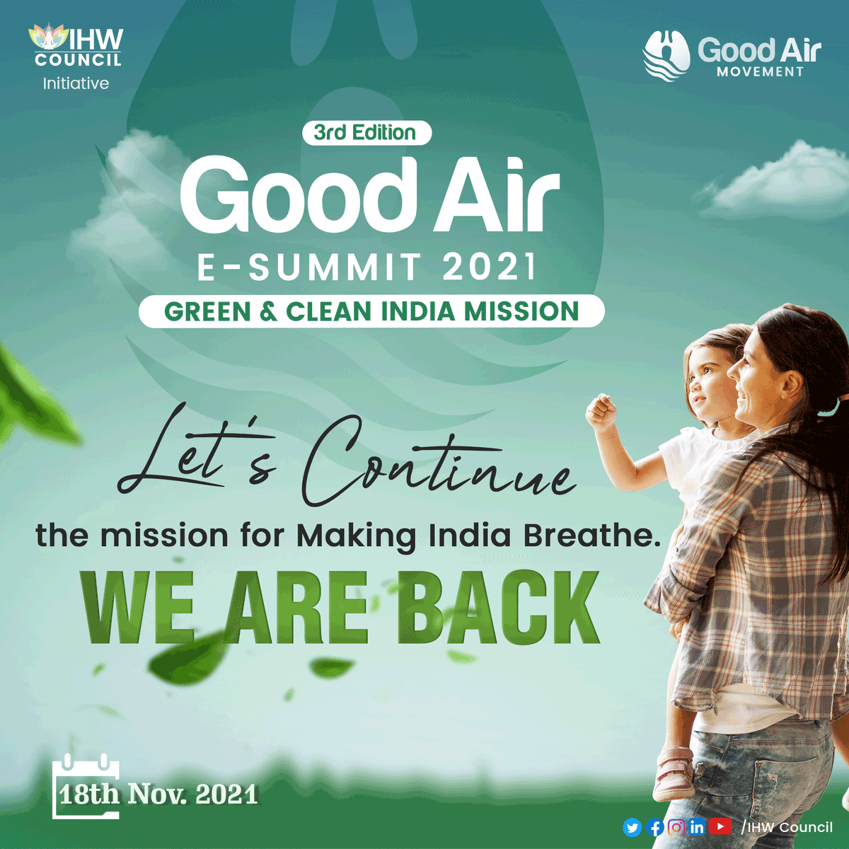 GoodAirSummit's tweet photo. #GoodAirSummit is back with its mission for #MakingIndiaBreathe the air it deserves. Our Green🌳&amp; Clean Mission🌏aims to bring a stop to this preventable cause of countless deaths. Become a part on🗓️ 18th November 2021 to make our home a better place.

➡️https://t.co/bLVBtvnqR8 https://t.co/WcLCpc554A