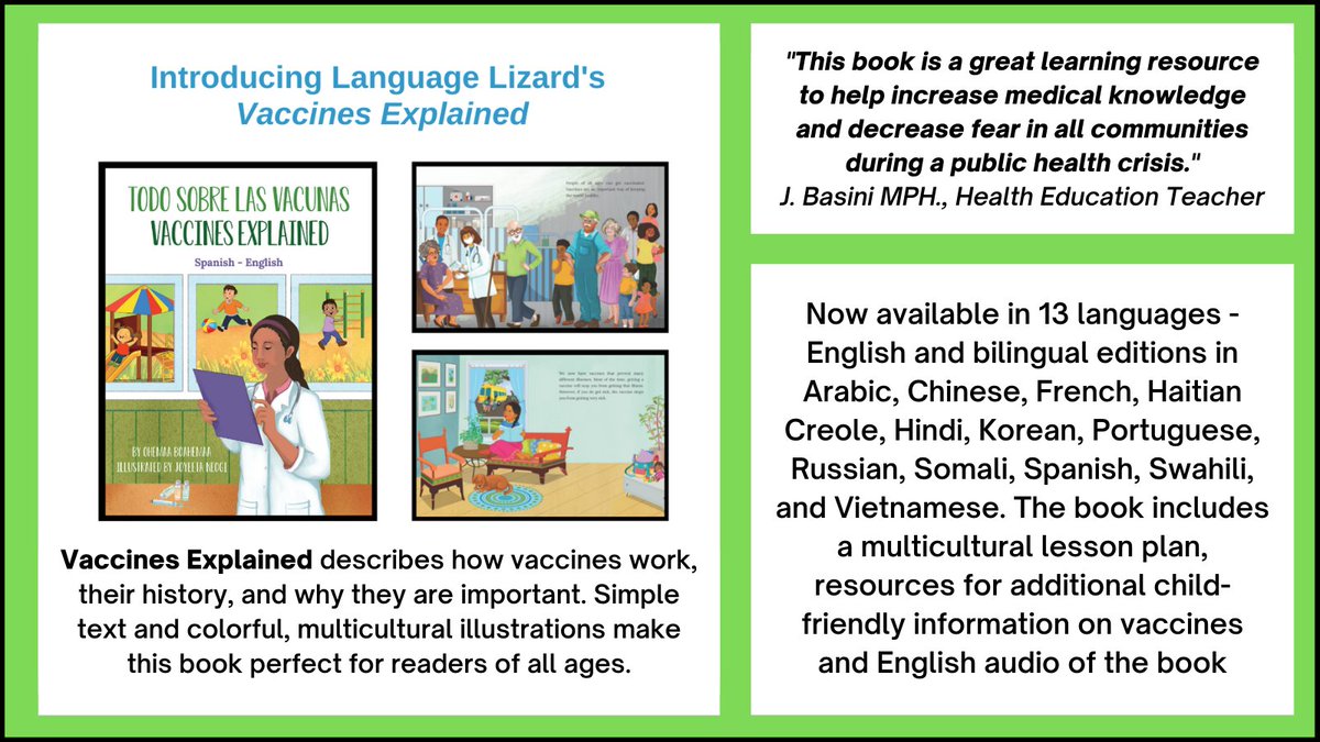 LanguageLizard's tweet photo. #CelebrateBilingualChildMonth
We now offer English and #bilingual editions of #VaccinesExplained in 13 languages! Teach your #students about the history of vaccines.
#sciencematters #Hindi #Korean #readyourworld #teachertwitter
https://t.co/aEcWaE9Nm5 https://t.co/Ix3SRlqOPb
