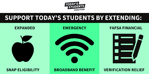 TSCnational's tweet photo. We're proud to join @TS_Coalition and 18 cosigners in urging Congress to support #TodayStudents by extending key supports, including:
💻Emergency Broadband Benefits, 
🥘SNAP eligibility, &amp;
📝FAFSA financial verification relief
Read the letter to Congress: https://t.co/kLo3HQrbNr https://t.co/vBtXDsmFP6