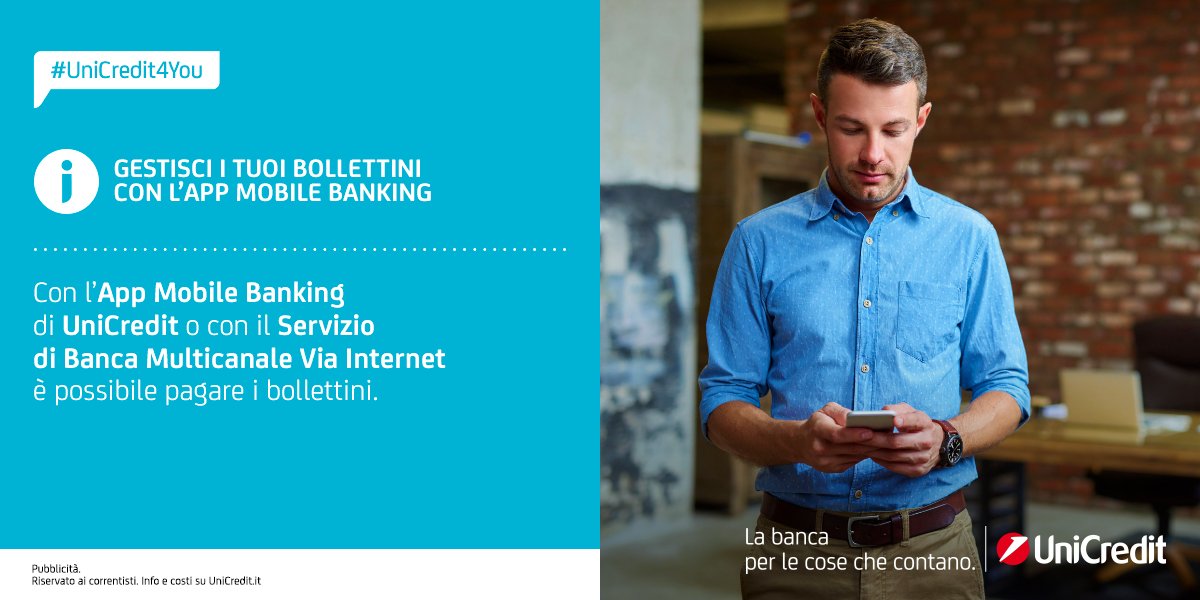 UniCredit_IT's tweet photo. #UniCredit4You: pagare i bollettini postali, bianchi e premarcati, è ancora più facile con l'#AppMobileBanking di #UniCredit. Scopri come: https://t.co/0wRdB0qz9Y. https://t.co/i1jv1oJsad