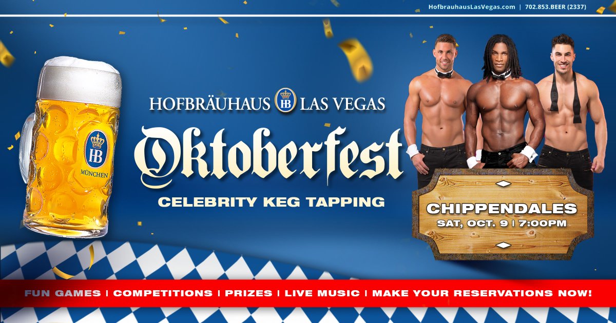 HofbrauhausLV's tweet photo. Buckle up and grab a cold one, because it's getting hot at the Hofbrauhaus Las Vegas when the @Chippendales tap the keg at 7:00PM this Saturday. 🍺🔥😏
#itsagermanthing #oktoberfest #september #october #party #celebration #chippendales #hot #kegtapping #oktoberfestinlasvegas https://t.co/BrRLEcQnek