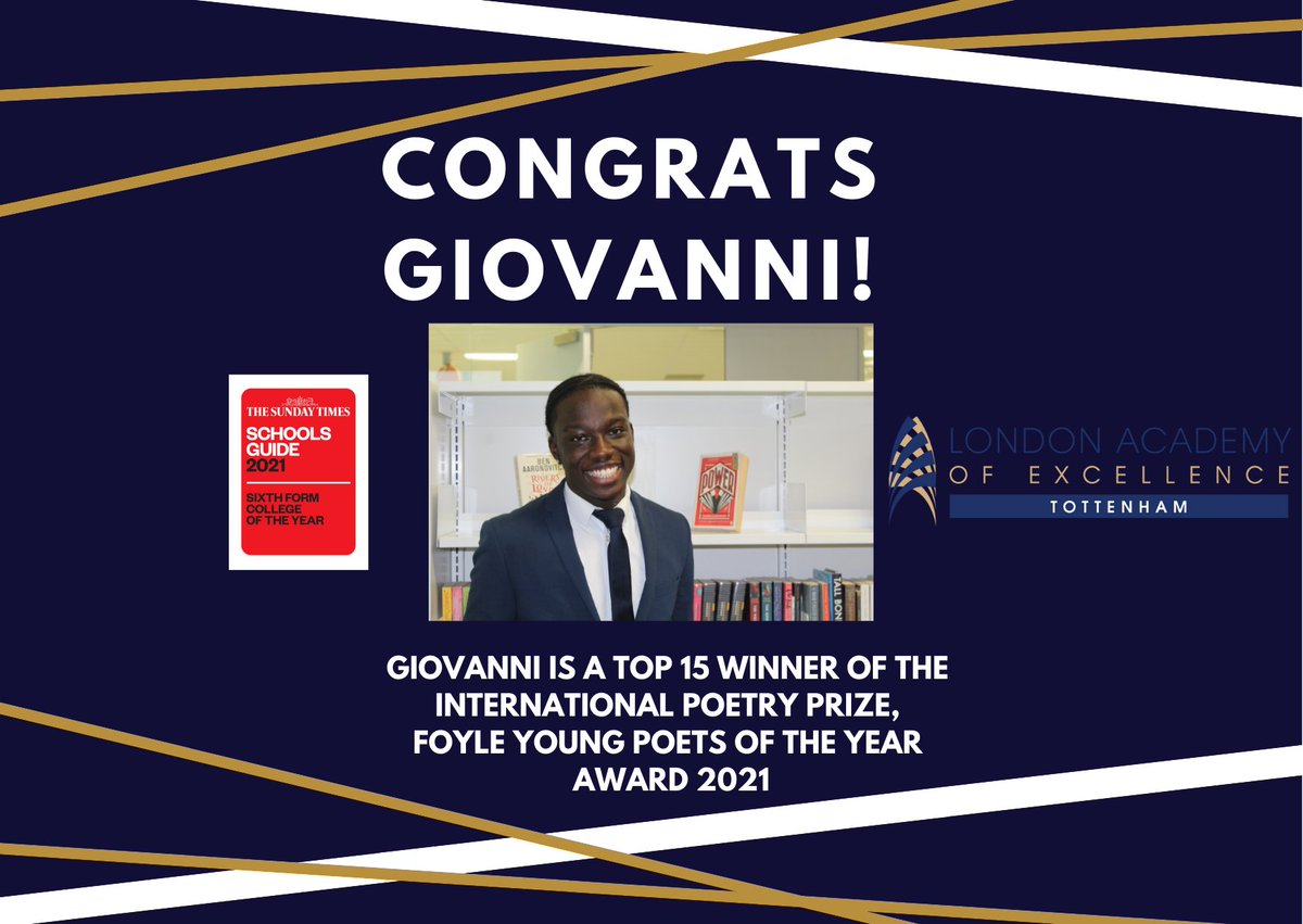 Join us in celebrating Giovanni's wonderful news! @LaeTottenham 🎉🎉👏

Giovanni's poem was chosen as a top 15 winner from 14,408 poems entered this year by 6,775 young poets.

@PoetrySociety @youngpoetsnet #FoyleYoungPoets