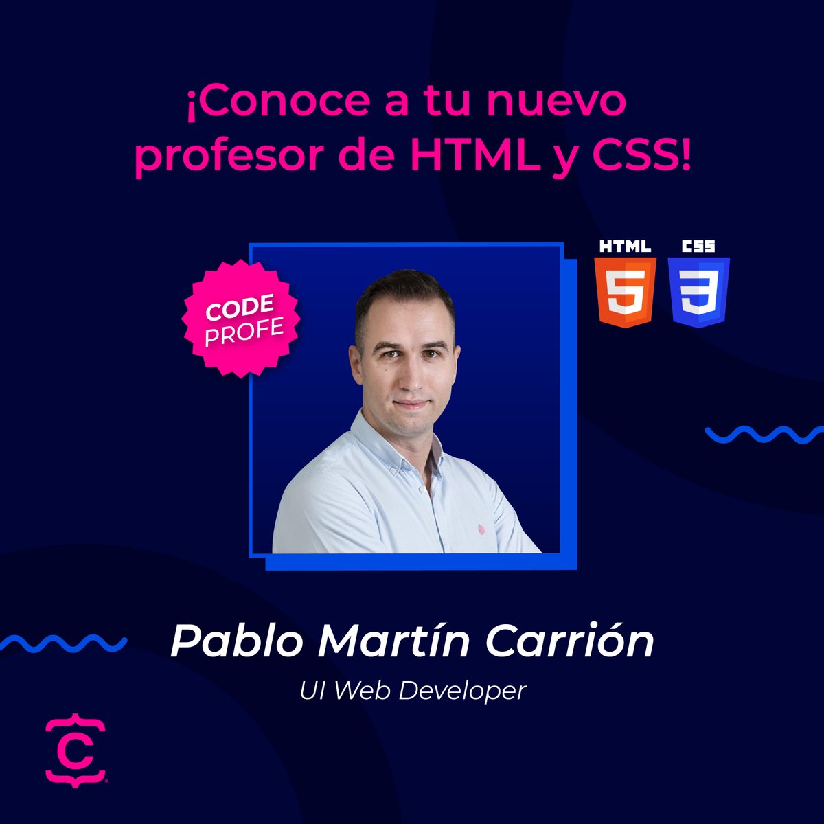 CodeHouseLearn's tweet photo. [CodeTeach 👨‍🏫💻] Fórmate con los mejores profesionales del sector  
 
Pablo Martin 👨‍💻 #UI Developer ¡Será tu profesor de HTML y CSS!  

¡Con él aprenderás a desarrollar tu primer “Hola mundo” con #HTML y #CSS! 
 
#bootcampfullstack #programacion #desarrolloweb #programming https://t.co/H6yUmVJPZ8