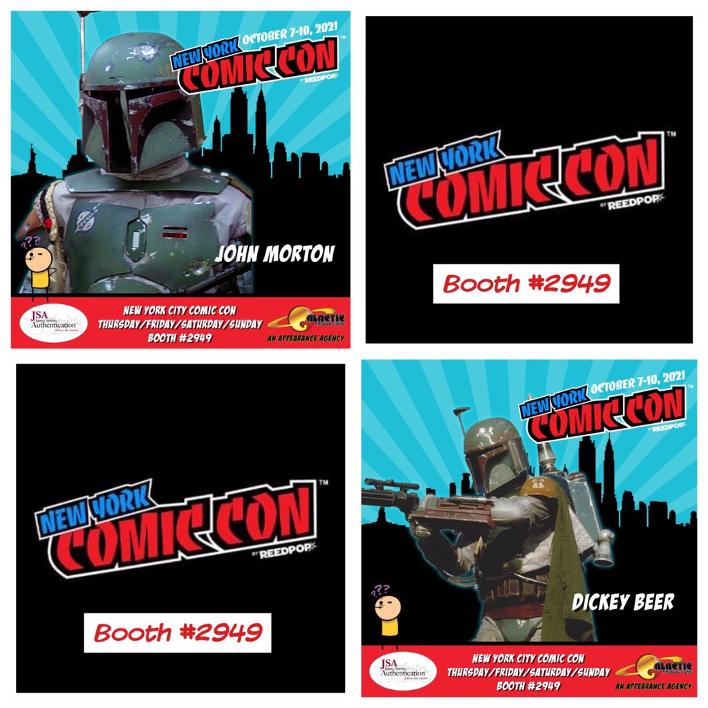 GalacticProds's tweet photo. NY, NY - Meet two of the men behind Boba Fett @NY_Comic_Con! Both @tapcaf &amp; @dickeybeer will be appearing in booth #2949 today-Sun! @JSALOA will be set up in our booth authenticating autographs all weekend. @Iamkelmitchell will be appearing in #2949 Fri-Sun. https://t.co/b9Y7y7wVNS