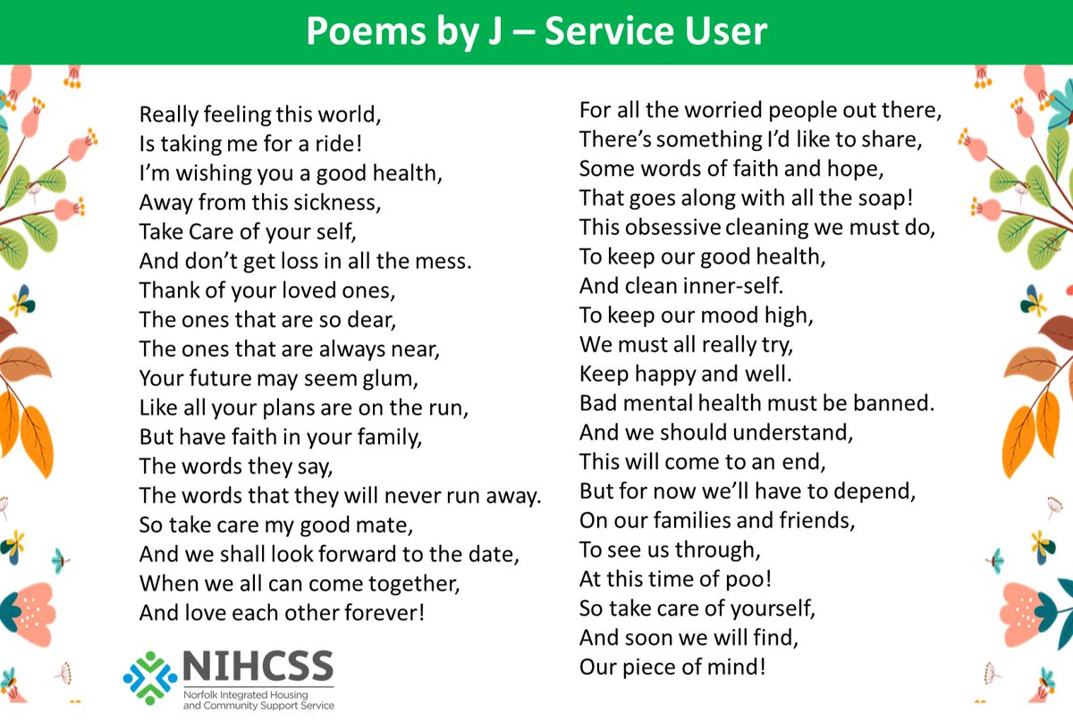nihcssMH's tweet photo. Today (7/10/21) is National Poetry Day. Here are some lovely poems written by our service user in Great Yarmouth. Thank you so much for sharing your story and poetic expression through your recovery journey :) #nationalpoetryday #mentalhealthsupport #recoveryjourney #nihcss https://t.co/OBbd2dXDW9