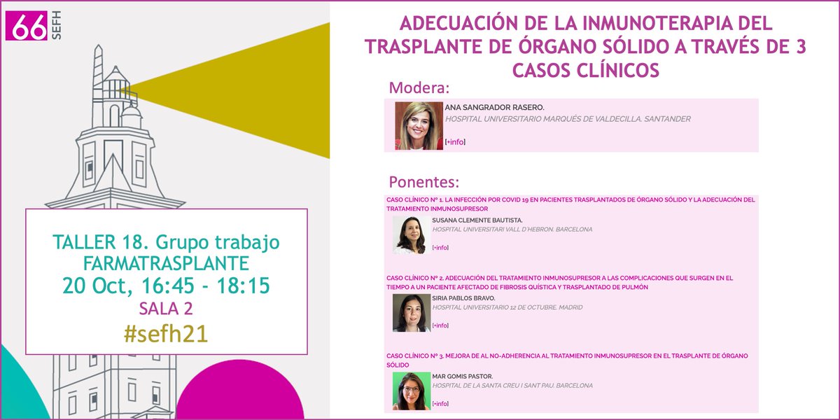 sefhcongreso's tweet photo. Desde @farmatrasplante abordarán a través de tres casos clínicos la adecuación de la inmunoterapia en el #trasplante de #órganosólido. No te lo puedes perder!! #sefh21 https://t.co/2hpgNWYcf5