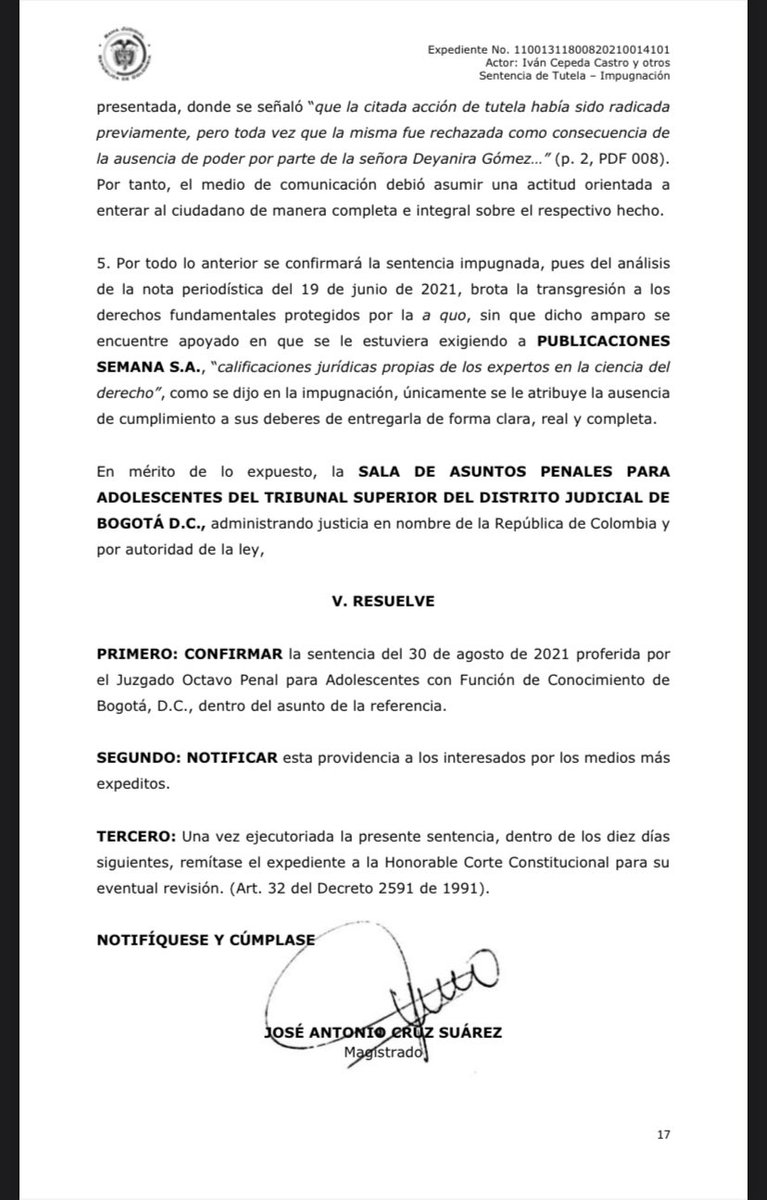 Miguel Angel Del Río Malo (@migueldelrioabg) on Twitter photo Tribunal Superior de Bogota confirma el fallo de tutela interpuesto por esta representación de víctimas junto a la del senador <a href="/IvanCepedaCast/">Iván Cepeda Castro</a> y <a href="/ReynaldVillalba/">Reinaldo Villalba V.</a> en el caso Uribe contra publicaciones semana y dignifica nuestra honra y buen nombre. Tribunal Superior de Bogota confirma el fallo de tutela interpuesto por esta representación de víctimas junto a la del senador <a href="/IvanCepedaCast/">Iván Cepeda Castro</a> y <a href="/ReynaldVillalba/">Reinaldo Villalba V.</a> en el caso Uribe contra publicaciones semana y dignifica nuestra honra y buen nombre.