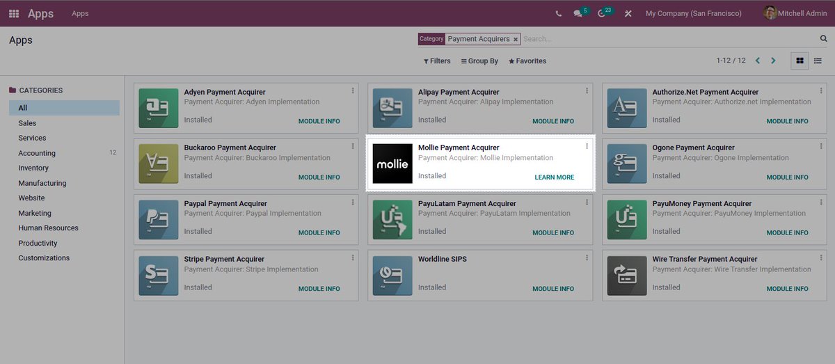 DroggolOfficial's tweet photo. #odoo v15 has module for @MolliePayments. It supports several popular payment methods like, Paypal, Apple pay, Bank Transfer, iDEAL, CC and more.

Keep contributing such good work Team Droggol 👍

#OdooExperience https://t.co/aFZcTEpxUW