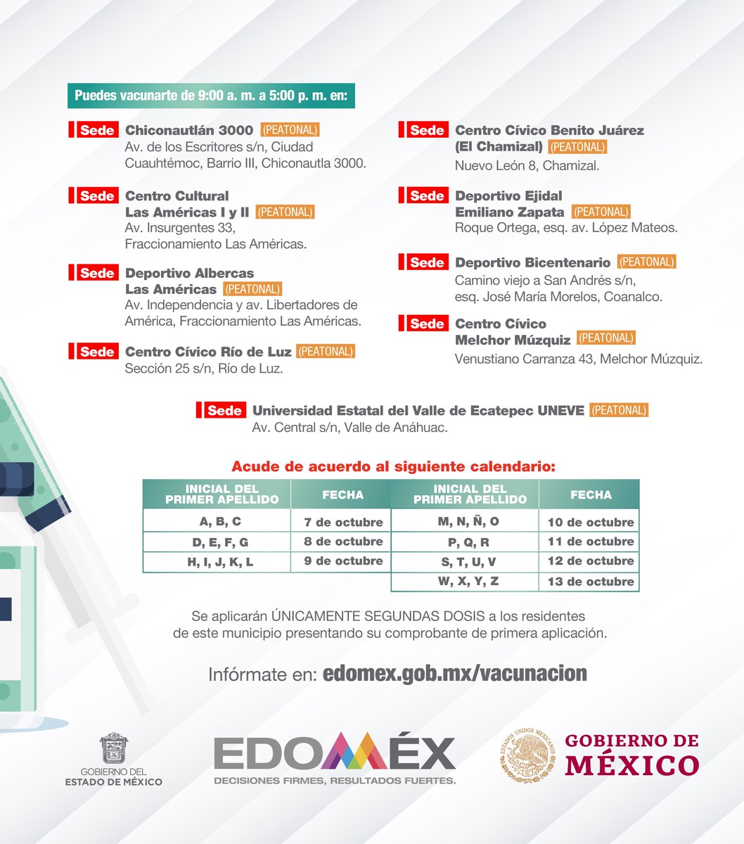 QuePocaMadre_Mx's tweet photo. #DeNuestroInbox
Recuerda que a partir de hoy y hasta el 13 de Octubre se estará aplicando la segunda dosis de la vacuna contra #Covid19, para personas de 30 a 39 años en el municipio de #Ecstepec; consulta días y sedes. https://t.co/RBJcNkM4oA