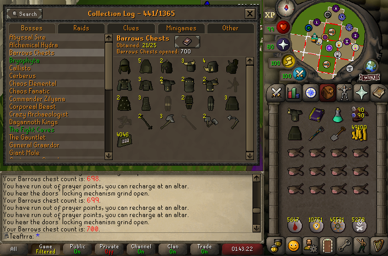 Hit 85 con a week ago with full carpenters, a solid 1m exp gained but I needed a break. Decided to try my luck at barrows as I still need four pieces. No uniques, unfortunately, from the 100 chests however I did get a few dupes which will help me bond my GIM account😅
