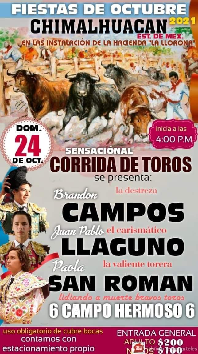 Habrá toros en #Chimalhuacan #Edomex para celebrar sus fiestas de octubre, una corrida el 24 de este mes con <a href="/BRANDONCAMPOS_/">BRANDON CAMPOS</a> <a href="/jpllaguno/">Juan Pablo Llaguno</a> y <a href="/paolasanroman7/">Paola San Román</a> 6CampoHermoso6