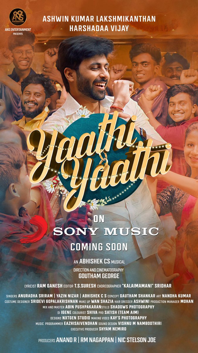 Packed with all things delightful #YaathiYaathi featuring @i_amak & @harshadaa_vijay COMING SOON! 🥁🥳 Stay tuned ! 🎶 @abhishekcsmusic @goutham_george @JoeStelson @Anand95428804 @LyricistRam @rm_nagappan #ARSridhar