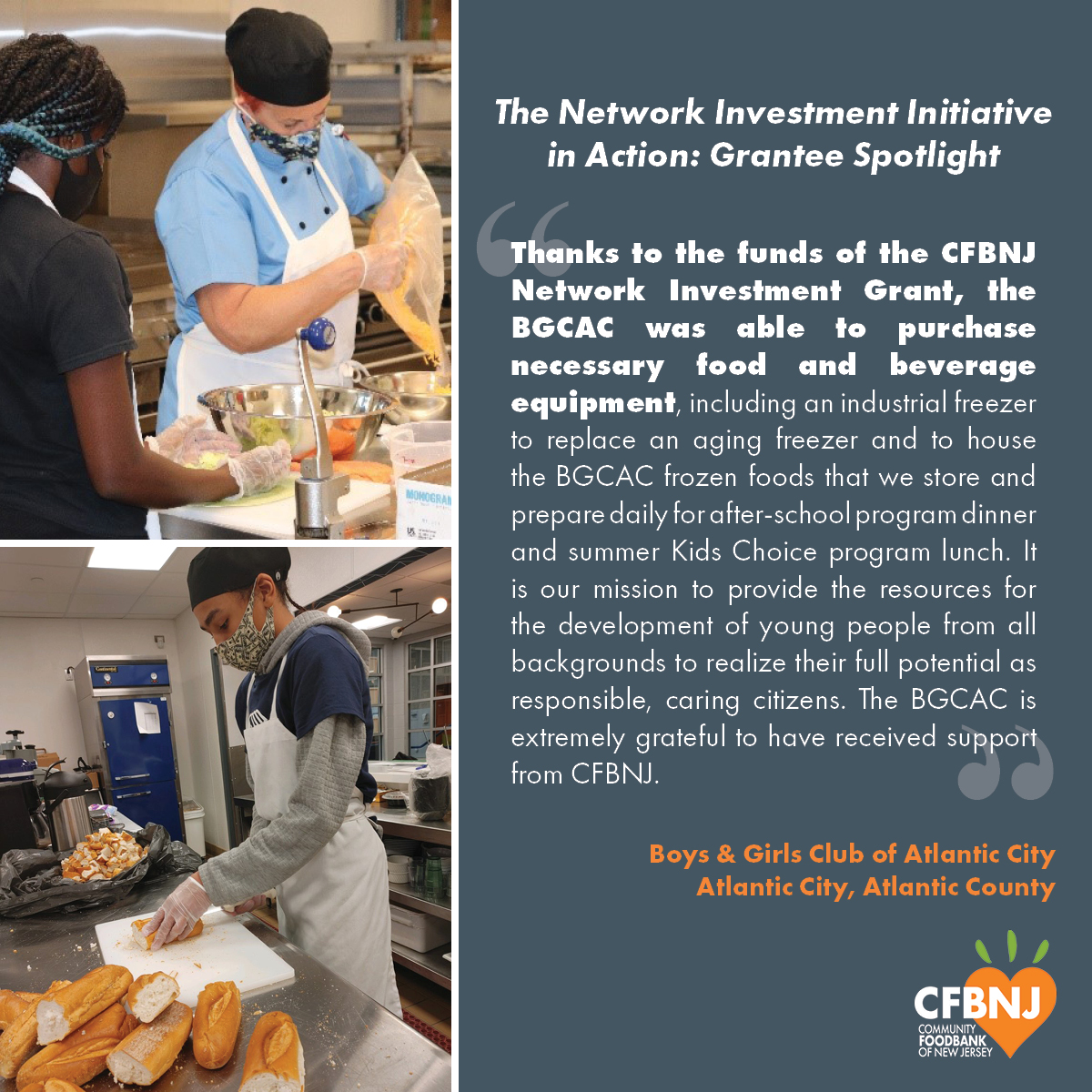 .<a href="/AtlanticCityBGC/">Boys & Girls Club AC</a> provides kids with nutritious after-school and summer meals to help them live up to their full potential. With help from a Network Investment Grant from CFBNJ, they purchased critical equipment to keep their mission going. #WeAreThere