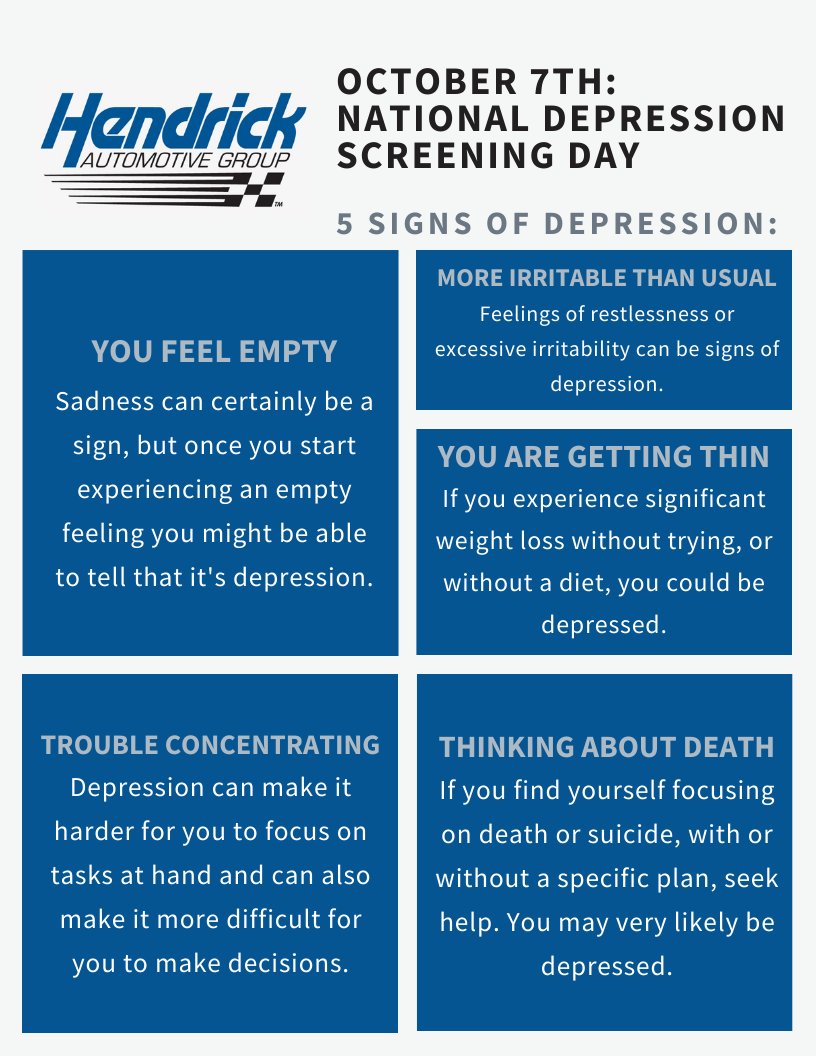 October 7th is #NationalDepressionScreeningDay and Hendrick Automotive Group believes that our people are the most important part of our team. If you or someone you know may be suffering from depression, call the free national mental health hotline at 1-800-662-HELP (4357).