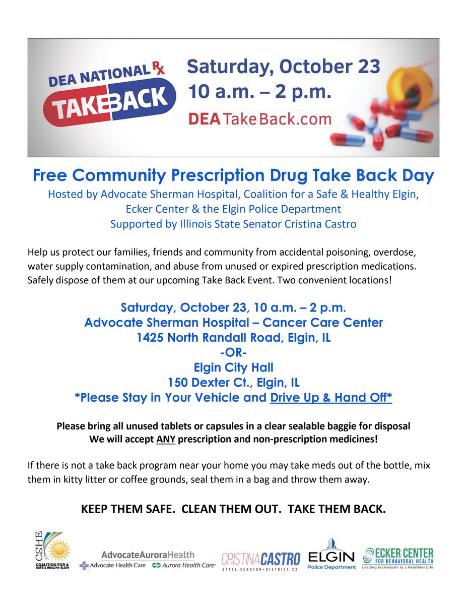 CSHElgin's tweet photo. Do you have old unused medication that you are not using anymore? October 23rd from 10am-2pm is National Drug Take Back Day and we encourage you to come drop off your old medication to us, so they can be disposed safely. If you have any questions let us know. 
#DTB #safe https://t.co/BGWIlSlt7K