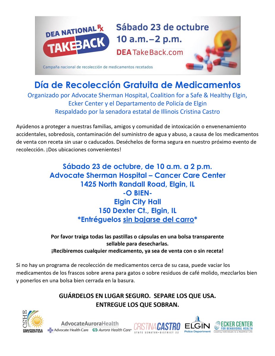 CSHElgin's tweet photo. Do you have old unused medication that you are not using anymore? October 23rd from 10am-2pm is National Drug Take Back Day and we encourage you to come drop off your old medication to us, so they can be disposed safely. If you have any questions let us know. 
#DTB #safe https://t.co/BGWIlSlt7K