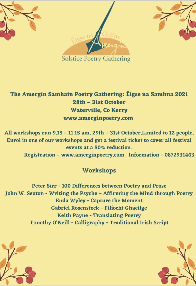 There’s still time to register for one of our exciting workshops at this year’s festival but hurry as places are limited! <a href="/poetryireland/">Poetry Ireland / Éigse Éireann</a> <a href="/MunLitCentre/">Munster Literature Centre</a> <a href="/KerryCoArts/">Kerry County Arts</a> <a href="/corkcityarts/">Cork City Arts</a> <a href="/CorkCountyArts/">Cork County Arts Office</a> <a href="/LimerickArts/">Limerick : Culture : Arts</a> <a href="/TipperaryArts/">Tipperary Arts Office</a> <a href="/WaterfordArts/">Waterford Arts</a> <a href="/crsiopa/">Cill Rialaig Arts Centre</a>