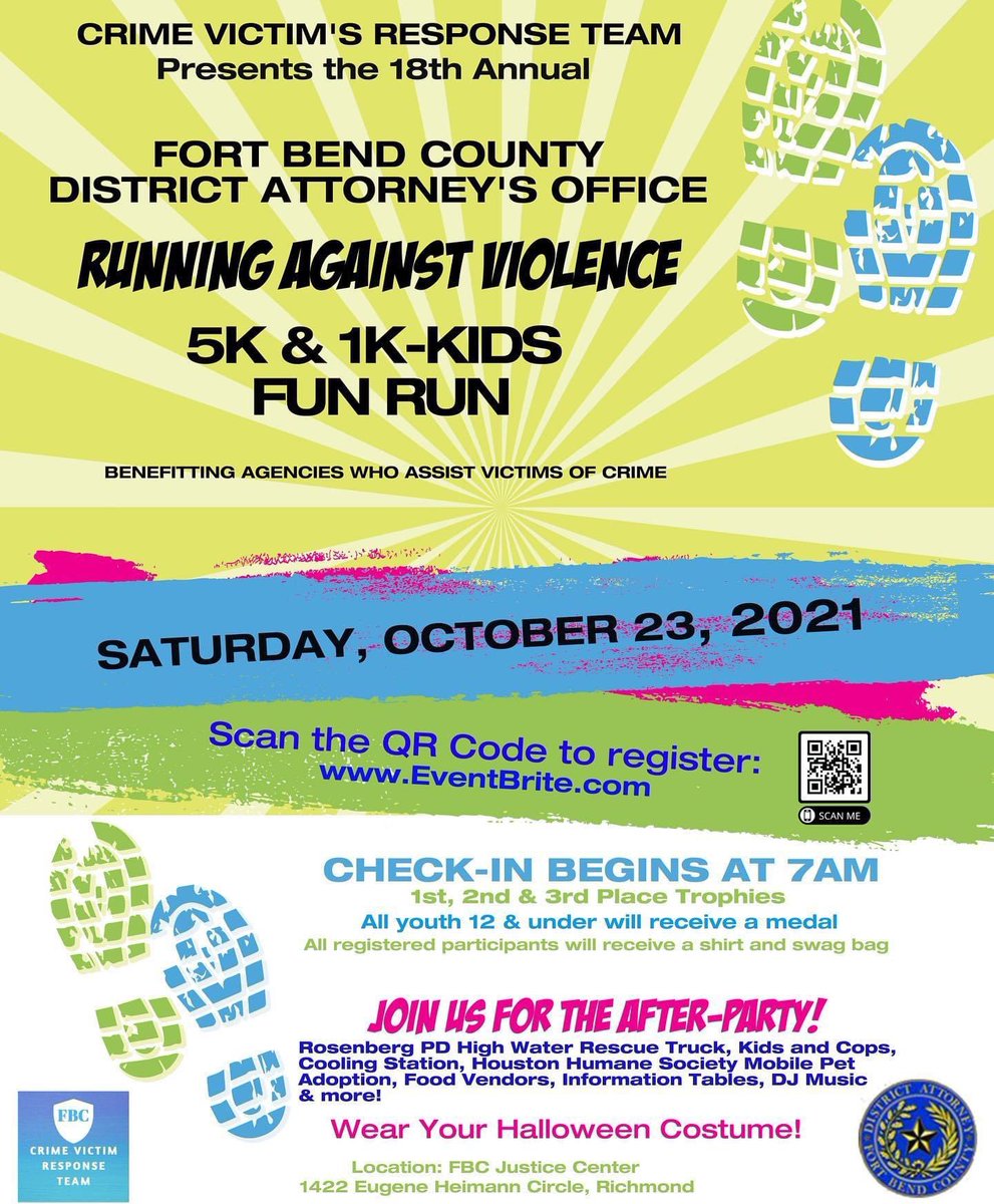 FBC_Judge's tweet photo. 👟👟 Put on your running shoes and join our Fort Bend County District Attorney's Office for a good cause! Save the date October 23! Stop domestic violence! #runningwithapurpose #fortbendcounty https://t.co/1SwENN4bPu