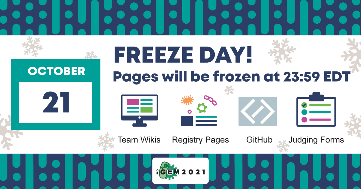 iGEM's tweet photo. 2 weeks until #WikiFreeze! All online project documentation on Team Wikis, Registry Part Pages, GitHub, and Final Judging Forms must be complete by October 21 at 23:59 EDT. Get started early, and ask your questions sooner rather than later!! https://t.co/W27oiFQUl2 https://t.co/RHR8PXl7aG
