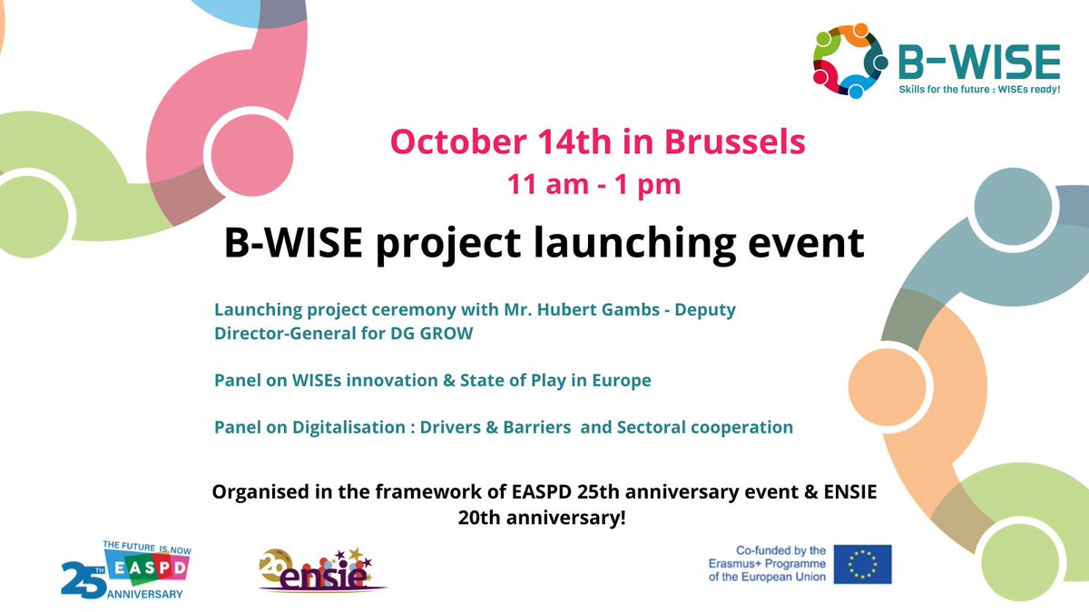 Don't forget to register to the <a href="/bwise_project/">B-WISE Project</a> launching event🚀!

Come and discover about #WISEs &amp; #SkillsNeed incl. #DigitalSkills !
We have the great pleasure to be joined by Hubert Gambs from <a href="/EU_Growth/">Internal Market, Industry, Entrepreneurship & SMEs</a>!

🔗bit.ly/3zCVZqs