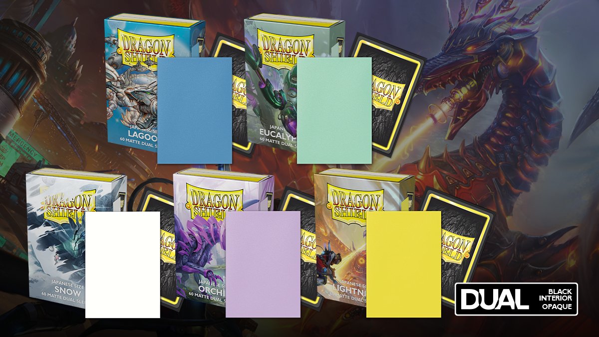 DragonShield_'s tweet photo. Matte Dual now out in Japanese size in the US!

Dual sleeves combine a colorful back with a stylish black interior! And they bring five new exciting colors to the table!

Giveaway: 5 packs. Retweet to enter. Be sure to follow/enable messages so we can contact you if you win (1/2) https://t.co/OEHuNYnavz