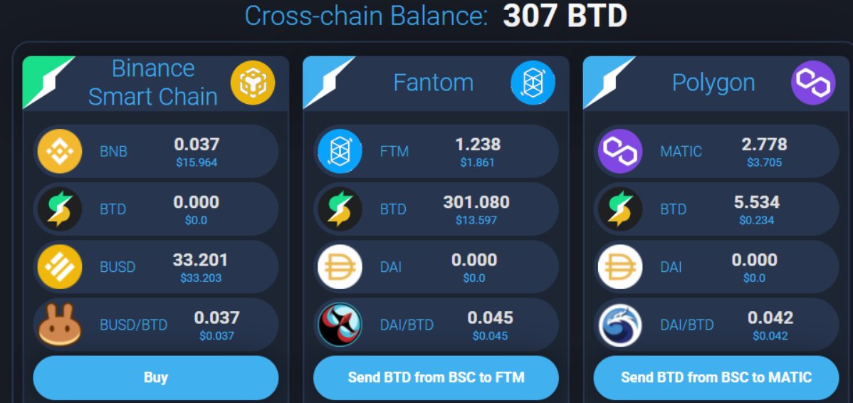 The current work in progress can move $BTD between several networks such as $FTM and $MATIC. 

Make sure to check out telegram for more information.
#BSC #Fantom #Polygon