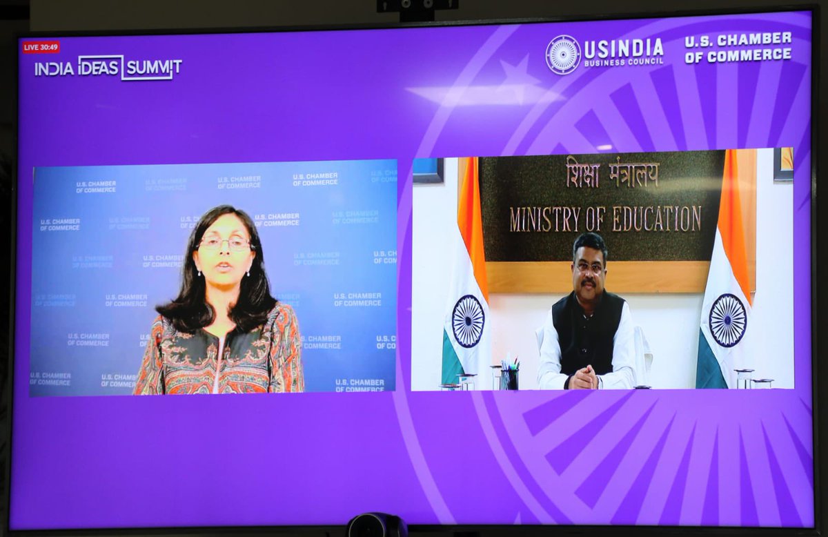 dpradhanbjp's tweet photo. Spoke about strengthening the US-India partnership in higher education, potential areas for knowledge partnerships, preparing for the future &amp; need for continuous skilling to equip youth for the jobs emerging out of industrial revolution 4.0, at @USIBC’s #IndiaIdeasSummit2021. https://t.co/oLFPG7mLSy
